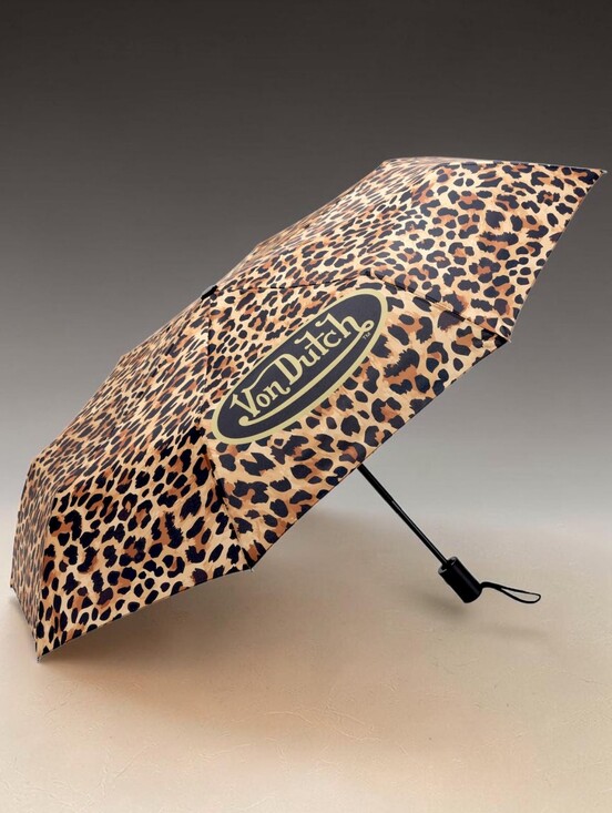 Von Dutch Accessories - VON DUTCH Automatic Open Close Leopard Print Compact Umbrella - Black Brown